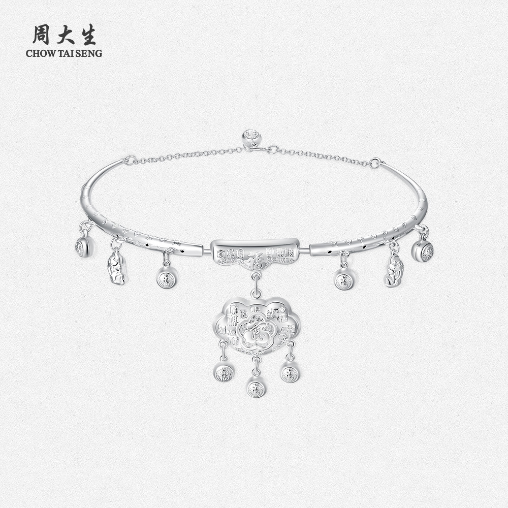 周大生足银岁岁常乐宝宝项圈儿童平安长命锁婴儿出生满月周岁礼物