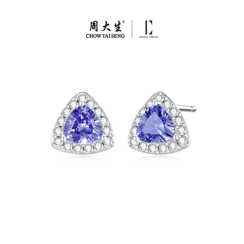 周大生*DC蓝色闪耀耳钉纯银925高级设计锆石耳饰生日礼物送女朋友