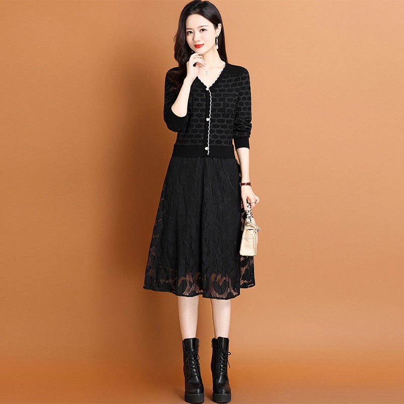 拼接假两件套针织连衣裙妇女早秋小中年母亲蕾丝底毛衣连衣裙春秋