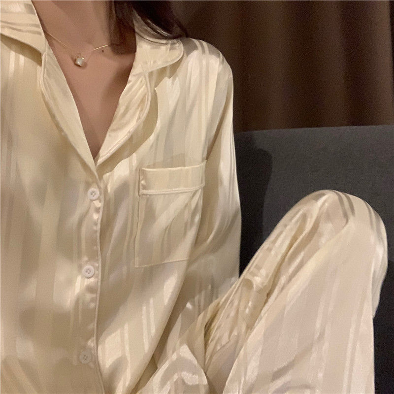ins冰丝睡衣女春秋季长袖薄款丝绸可爱学生家居服两件套装春夏。