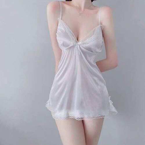 夏季纯欲风冰丝感吊带蕾丝边睡裙薄款凉爽手撕性感光滑网纱睡衣裙