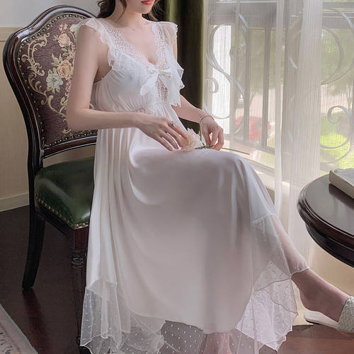 吊带睡裙女长款夏季冰丝绸睡-衣夏天法式缎面蕾丝蝴蝶结家居-服
