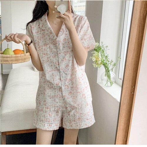 可爱碎花短袖睡衣女夏2025年新款ins风可外穿棉麻家居服两件套装