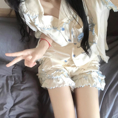 纯欲少女甜美花边短袖睡衣女夏季新款大码可爱家居服短裤套装夏天