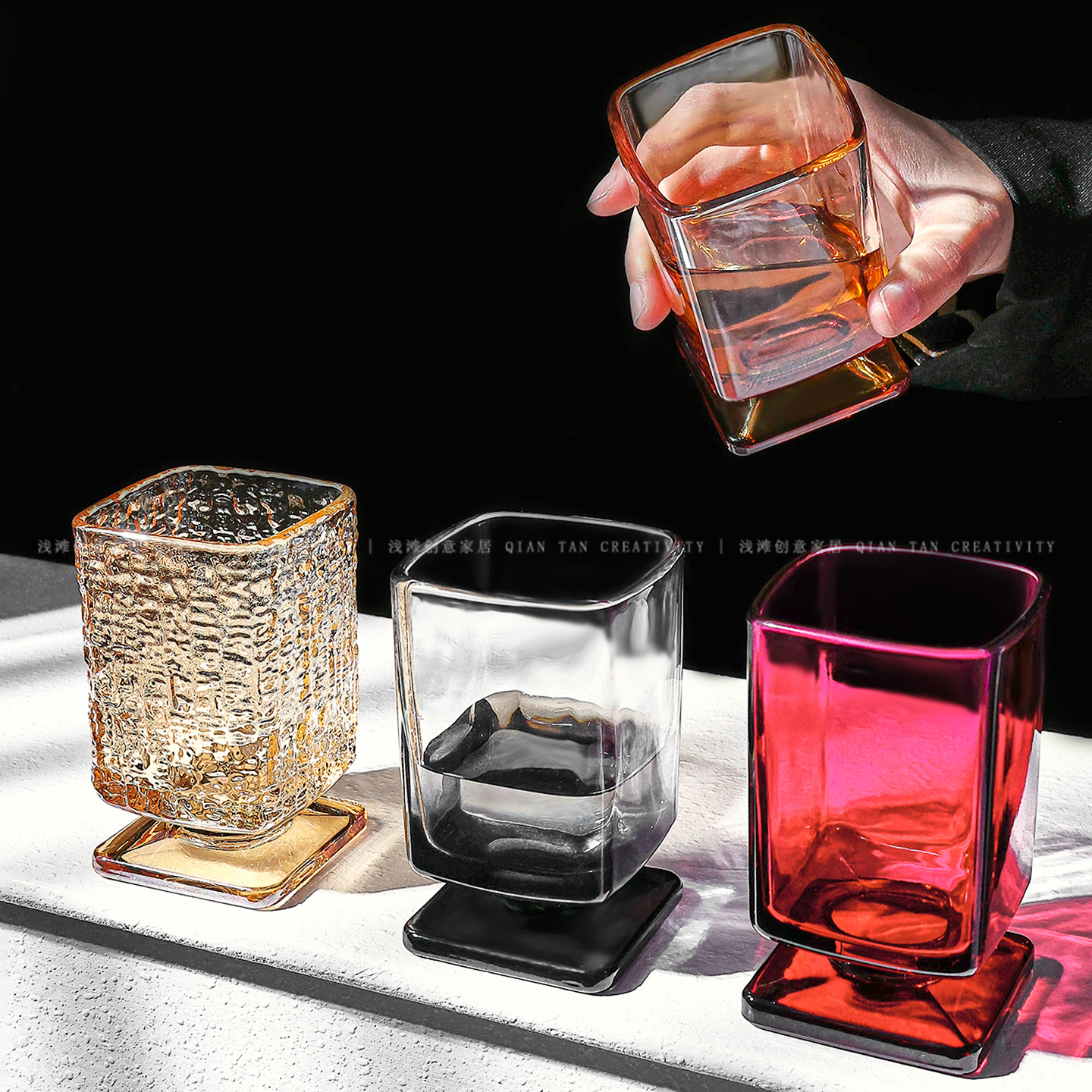 中古风矮脚方形玻璃咖啡杯果汁杯