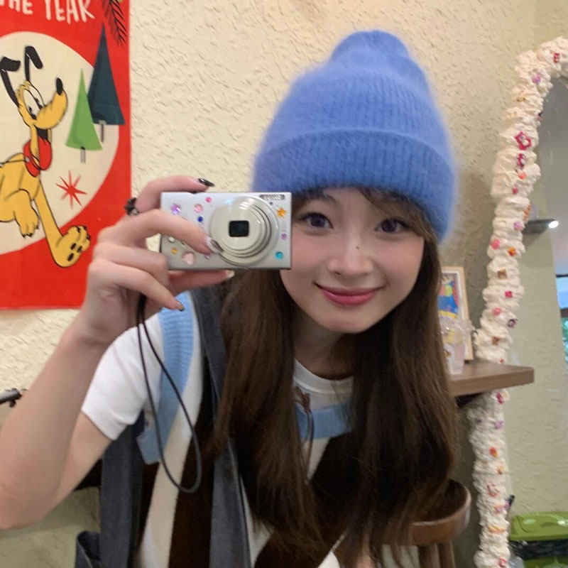 韩版ins风蓝色显白兔毛针织毛线帽女百搭显脸小堆堆帽子保暖百搭