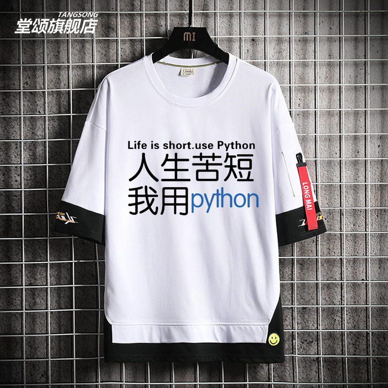 夏季新款纯棉短袖人生苦短我用python程序员衣服男女宽松飘带T恤