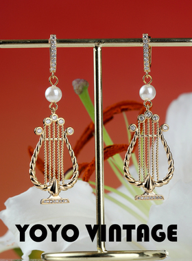 S925银针欧美复古风轻奢女款中古vintage法式港风长耳坠耳环竖琴