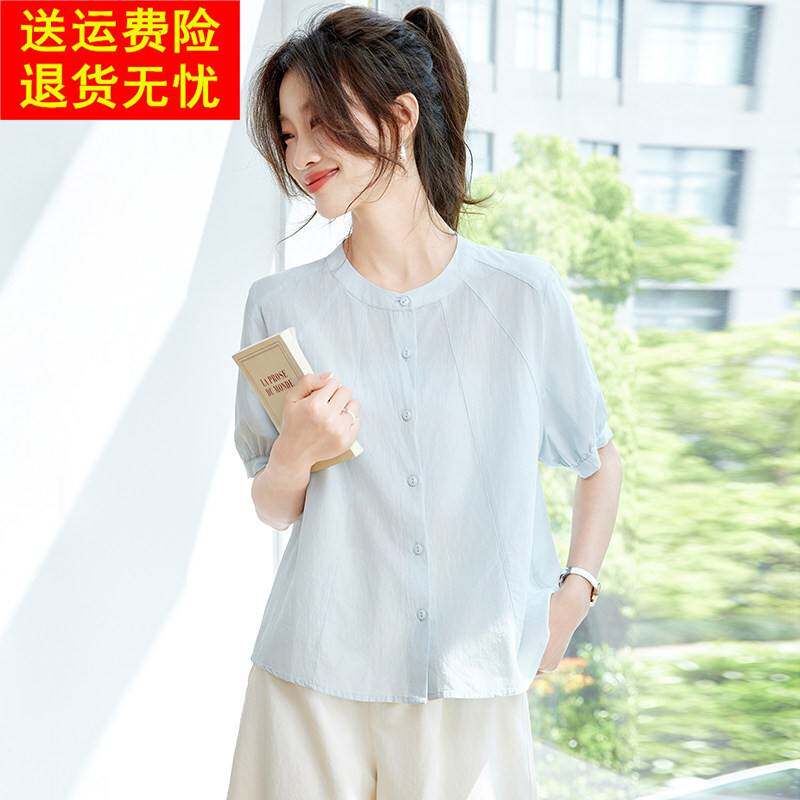 短袖衬衫女夏季薄款轻奢高级感2025新款爆款法式白领圆领小衫上衣