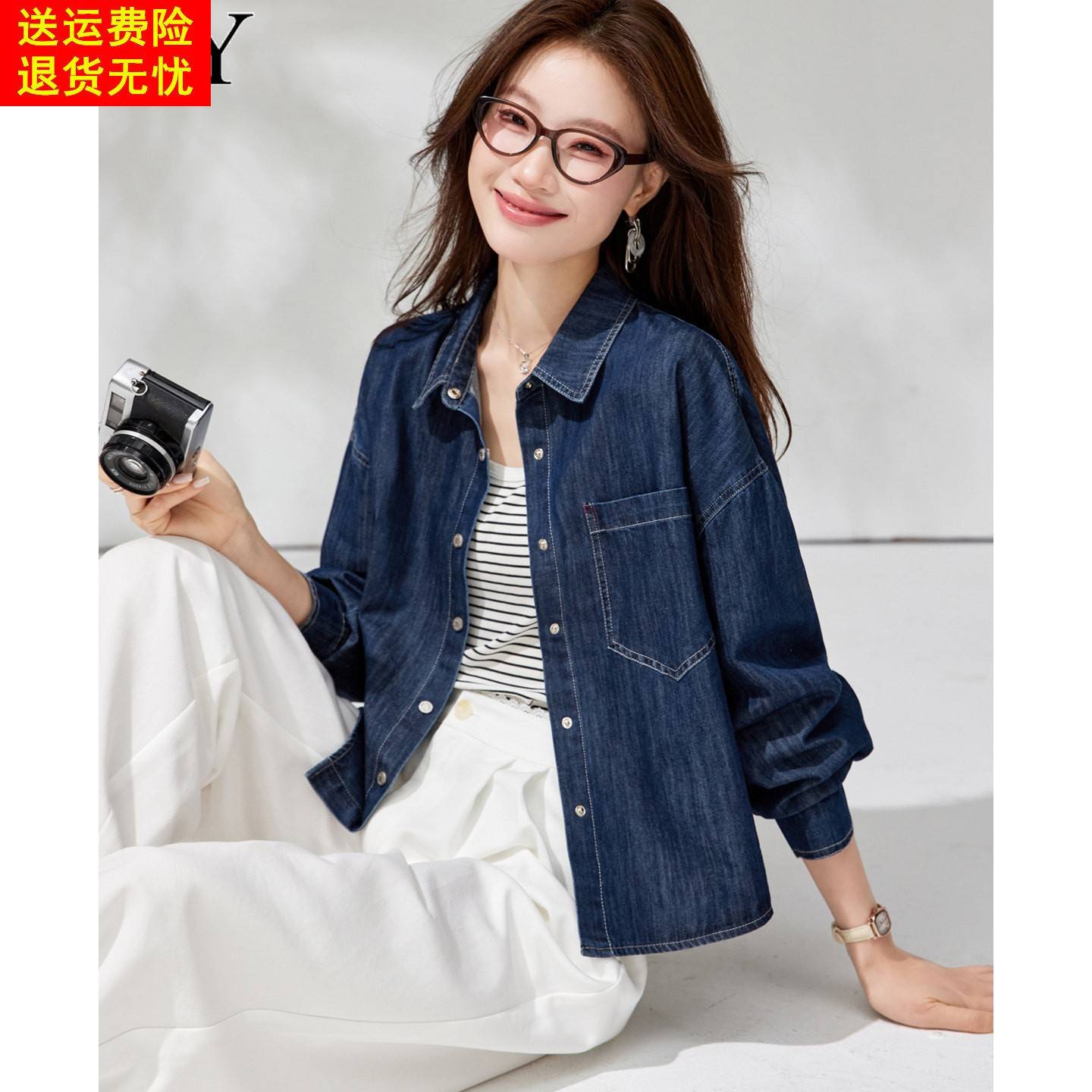 2026春装新款短款宽松复古牛仔蓝衬衫慵懒口袋休闲翻领小众上衣女