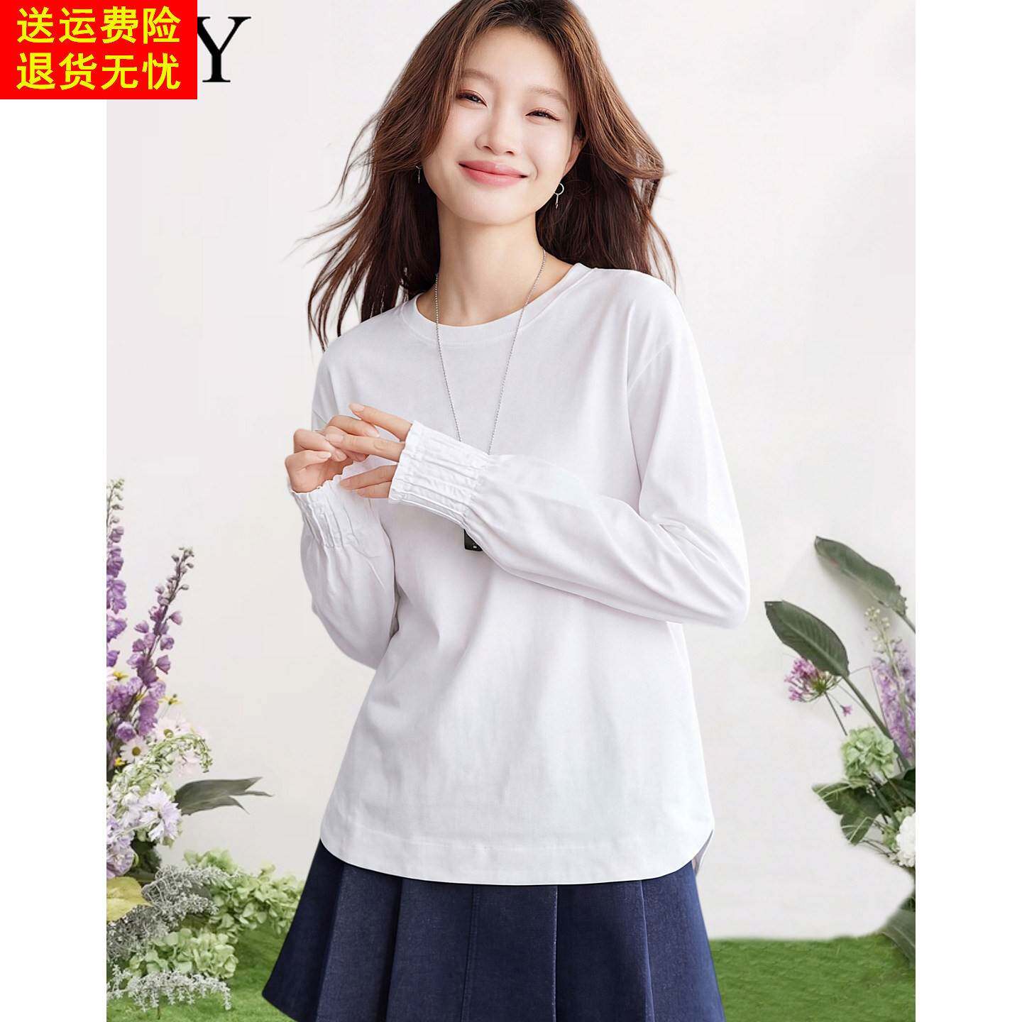 2026春装新款经典圆领白色开叉基础T恤小众宽松打底纯棉上衣女装