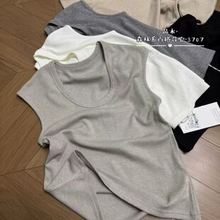 2026春季新款韩版简约纯色U领短袖T恤女修身显瘦百搭露背无袖背心