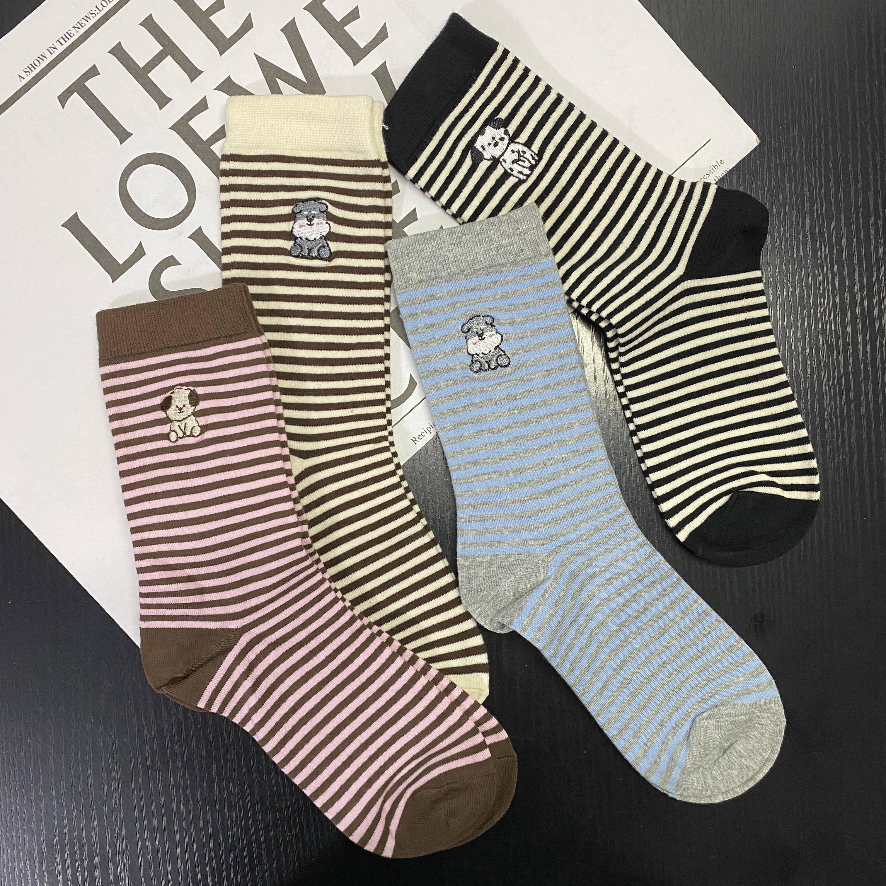 秋季新款卡通图案撞色条纹中筒袜女可爱小狗刺绣棉袜百搭学院风潮