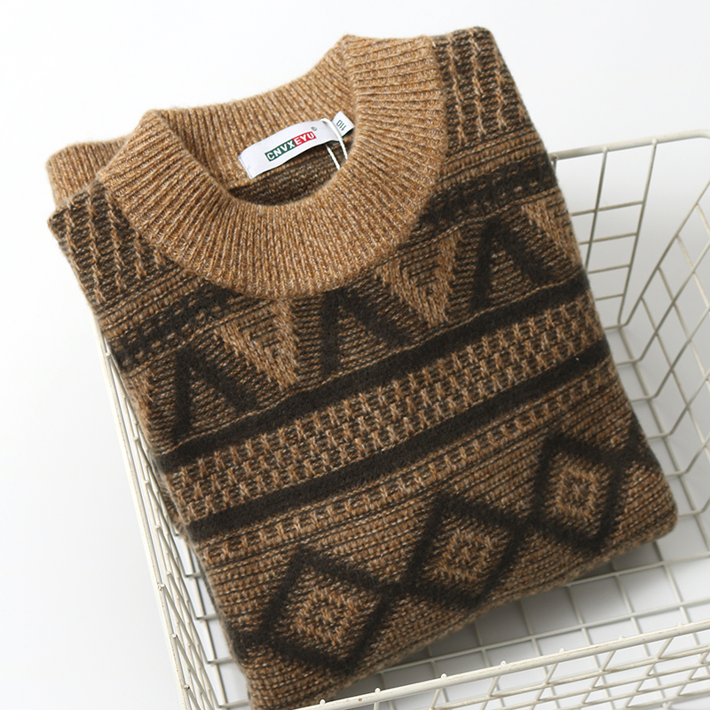 100%极细美丽诺羊毛衫男 秋冬季加厚保暖纯羊毛毛衣 美式复古提花