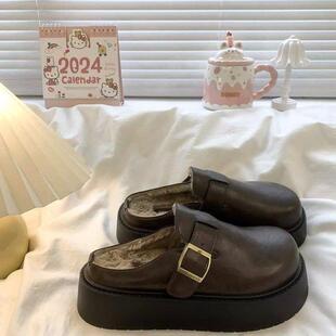 爆勃肯包半拖鞋女外头穿205新款秋冬季皮面加绒款厚底博肯棉2拖鞋