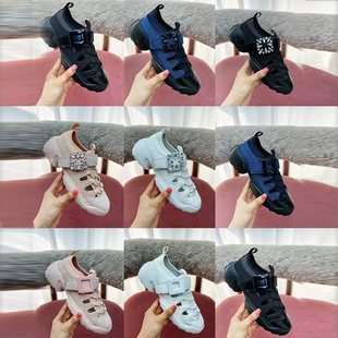 水钻方扣凉鞋女厚底镂空RV增高魔贴老爹鞋牛仔拼接松紧带小白鞋潮