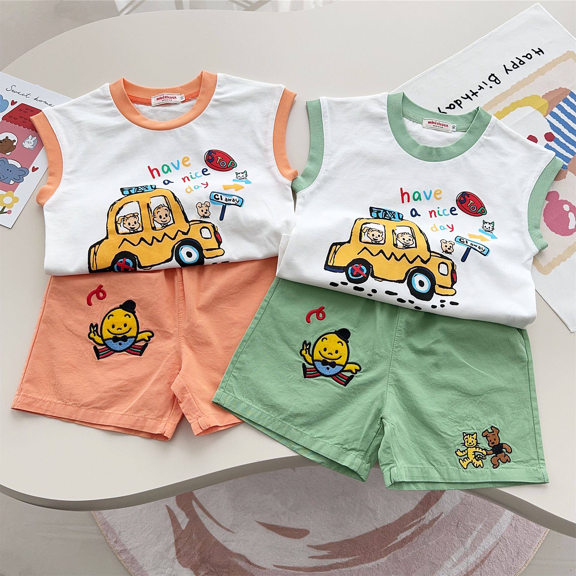 新款日系原田治时尚男女童洋气出租车背心短裤套装夏季套装7071