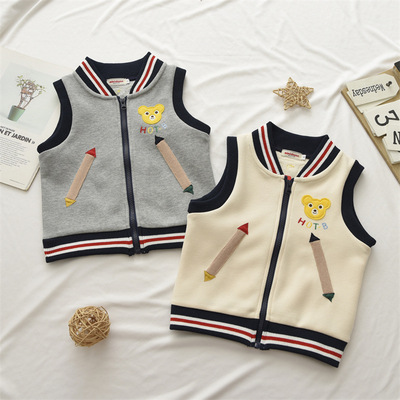 秋季新款儿童马甲无袖背心儿童小熊工程车休闲外穿拉链坎肩3085