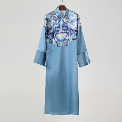 中式长袍复古唐装印花相声服缎面