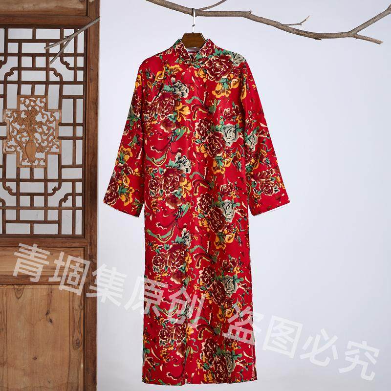 春夏立领长衫伴郎服大红印花东北大花布文艺复古长袖斜襟相声大褂