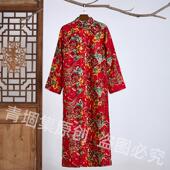 春夏立领长衫 斜襟相声大褂 伴郎服大红印花东北大花布文艺复古长袖