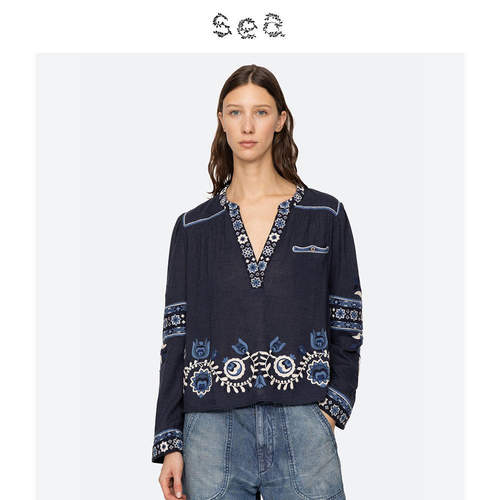Sea New York 新款纯色刺绣V领宽松长袖休闲衬衫女