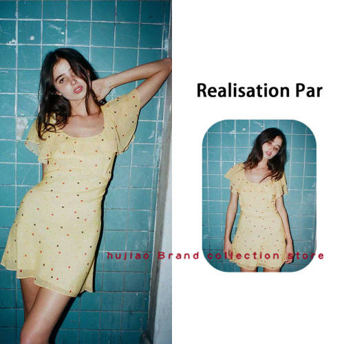煳椒 Realisationpar 复古真丝斜裁A字短裙黄色波点连衣裙