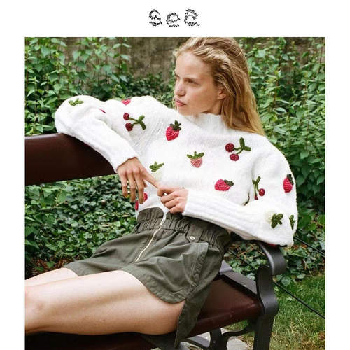 Sea New York 草莓图案圆领套头毛衣女慵懒风上衣