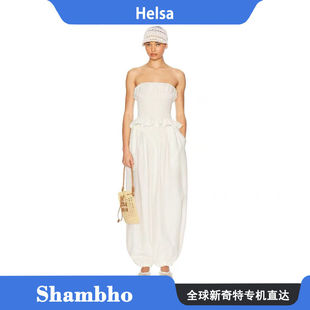 ShambhoHelsa套装新款白色褶皱抹胸花边上衣收腰灯笼长裤