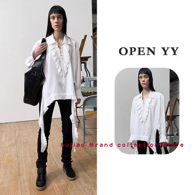 煳椒 OPEN  复古领口荷叶边绑带长袖宽松褶边衬衫上衣女款