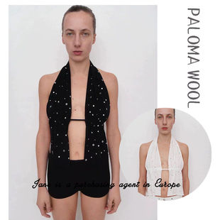 国现 PALOMA WOOL 25新款夏季性感小众露背针织烫钻挂脖背心上衣