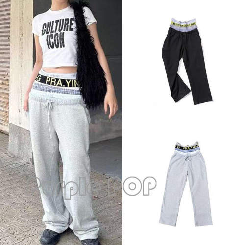 POP买手店 Praying 运动通勤风假两件宽松休闲高腰直筒卫裤