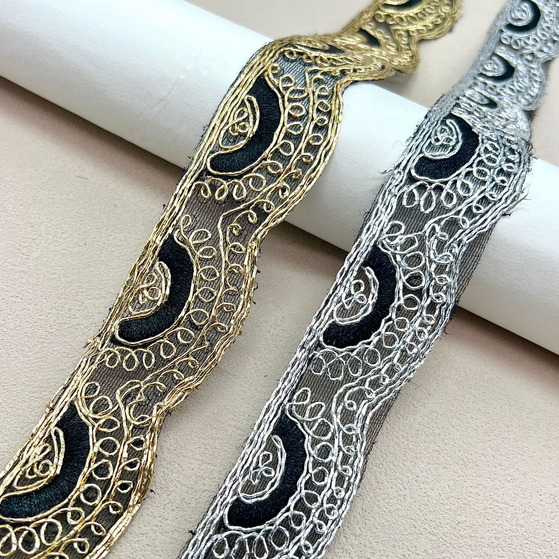 网布金银色股线刺绣花边 3cm网纱民族风织带 中国风服装辅料 现货