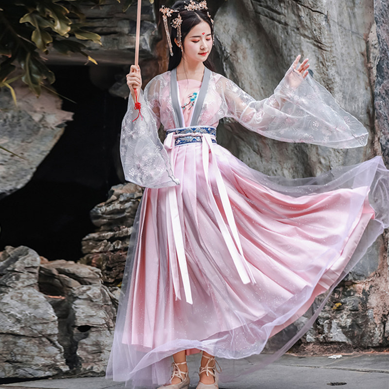 汉服女仙气飘逸古风超仙齐腰仙女纱齐胸薄纱襦裙全套学生束腰古装
