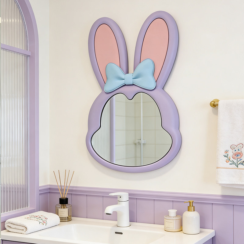 网红奶油风卡通兔子镜浴室镜壁挂式儿童房公主风卧室智能化妆镜子