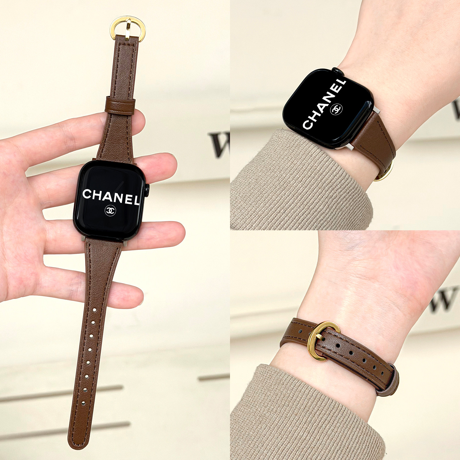 适用applewatchS12/11马蹄扣小羊皮表带高级柔软10代细款皮质苹果手表表带iwatch9/8/SE女美拉德简约秋冬腕带