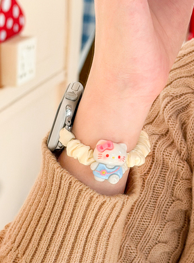 可爱KT猫弹力发圈表带适用applewatchS11代韩系iwatch6SE尼龙单圈苹果手表10/9/8舒适秒戴细款雪纺透气腕带女