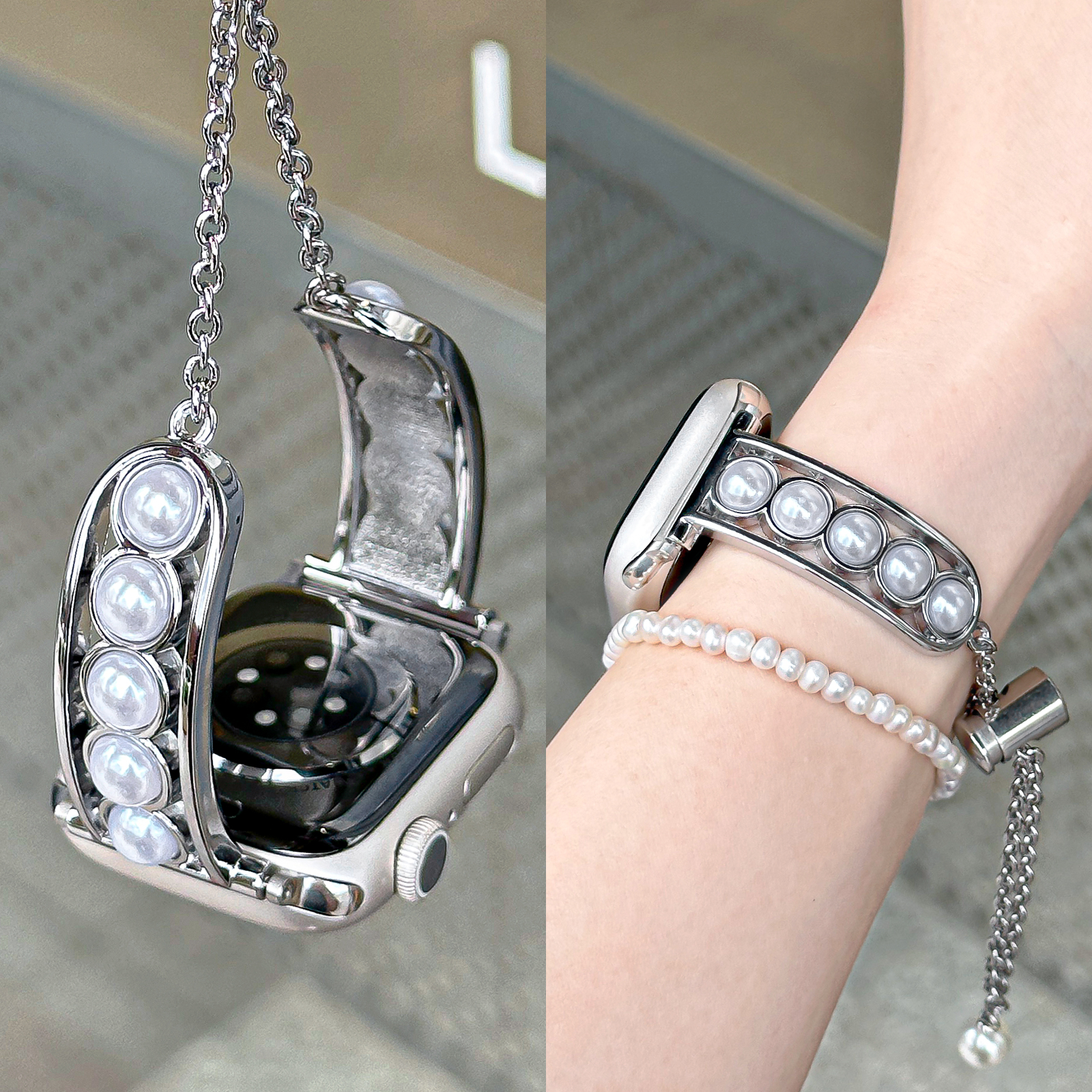 【珍珠手镯】适用applewatch链条式金属表带iWatchS10/9/8/7小香风气质吊坠苹果手表se可调节小蛮腰腕带夏女