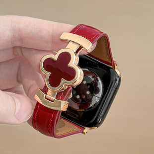 适用applewatchS11四叶草磁吸扣真皮表带iwatchS10/9/8/7高级感轻奢苹果手表SE秋冬新品金属拼皮细款皮腕带女