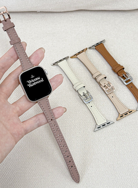 适用苹果手表S11代超细款方扣小蛮腰皮表带iwatchS10/9//8/7/6爱仕同款纤细applewatchSE简约复古柔软女腕带
