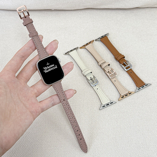 方扣小蛮腰皮表带iwatchS10 6爱仕同款 纤细applewatchSE简约复古柔软女腕带 适用苹果手表S11代超细款