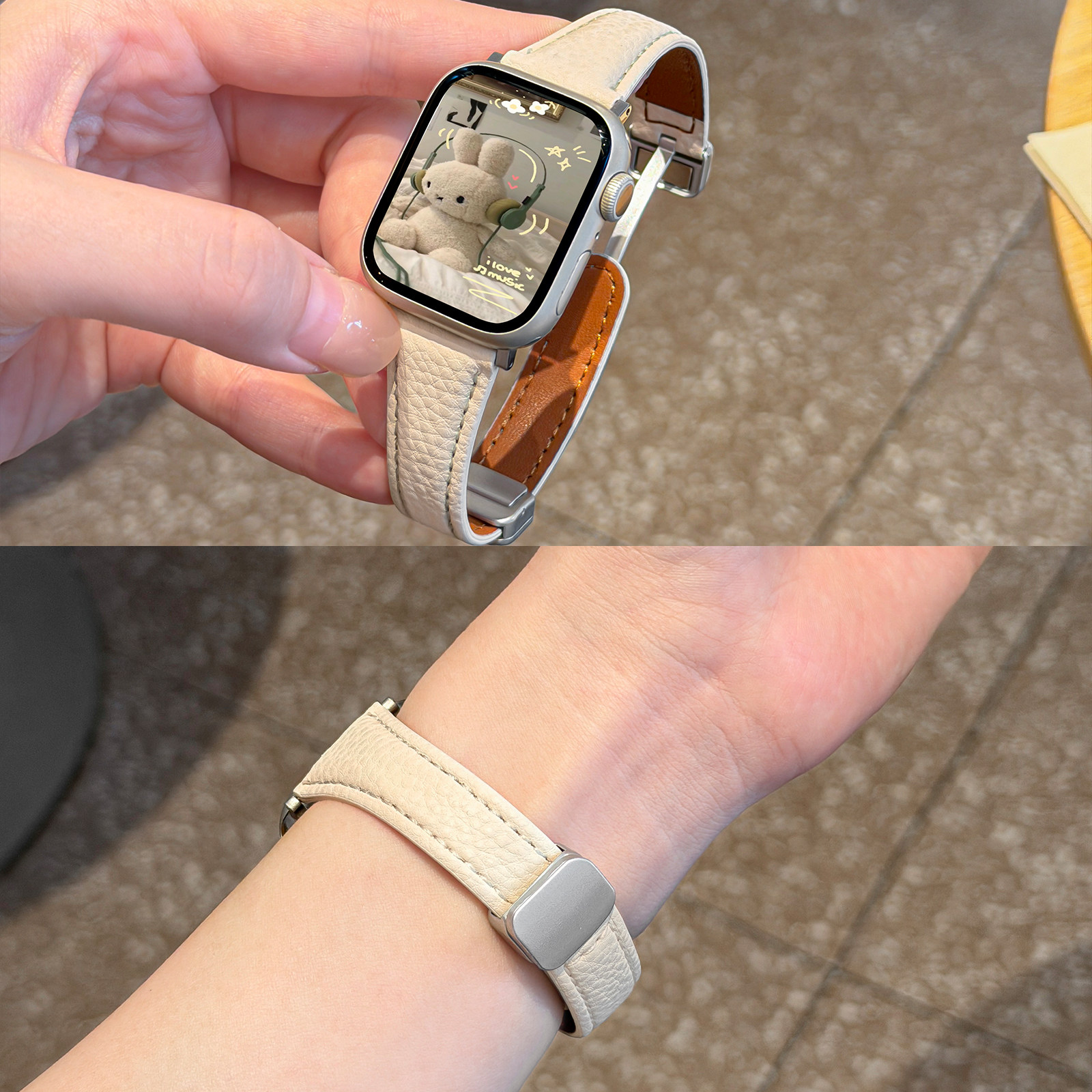 适用iWatch荔枝纹银色磁吸细表带图片