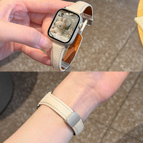 适用iWatch荔枝纹银色磁吸细表带