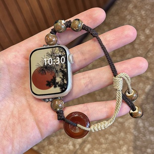 可调节7 6国风小众表带女夏 9创意手工编绳iwatchSE新中式 平安扣手绳 适用applewatchS11串珠表带苹果10