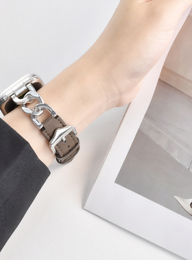 适用AppleWatch表带金属S10/9拼接皮表带苹果手表S11细款皮链条iWatch气质手链表带S8小众SE/7/6/5表带女小众