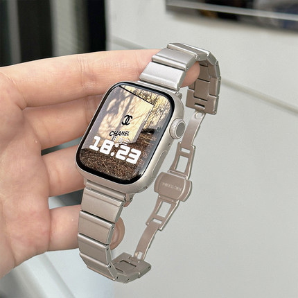 【蝴蝶扣小钢带】适用applewatch竹节蝴蝶扣金属细表带S10/9苹果手表小方块表带SE8/7/6代iWatch高级小蛮腰夏