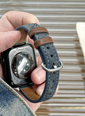 【扎染牛仔】适用applewatchS11牛仔皮表带iWatchS10/9/8/7/6新款复古苹果手表se2小众高级帆布创意细腕带女