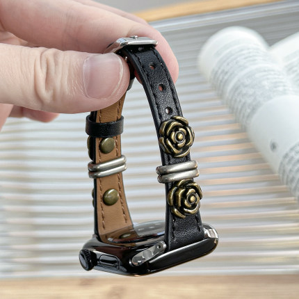 适用iwatch山茶花小蛮腰皮表带applewatch S9苹果手表S8复古柳丁纤细高级皮表带5/6/7代se代腕带秋冬女美拉德