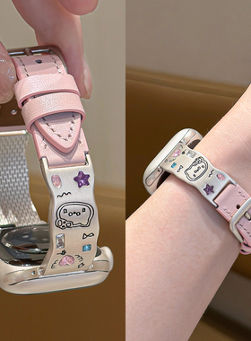 适用applewatchS11彩石水钻猫咪小牛皮细款表带iwatch10/9/8/76手镯款小蛮腰苹果手表柔软皮拼金属可爱腕带女