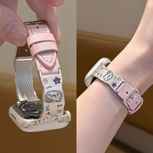 适用iWatch彩色水钻金属拼皮表带